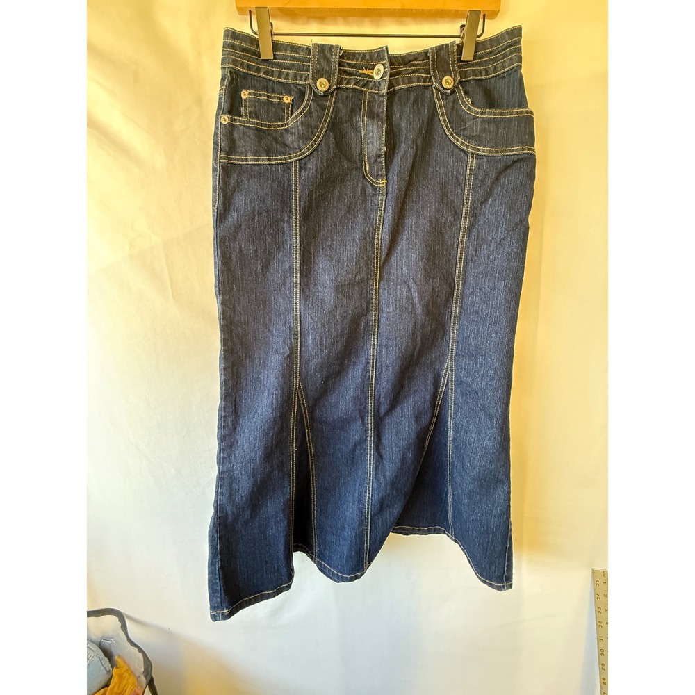 Utility Womens Dark Wash Denim Midi Skirt Contrast Stitch Size 12 Flared Indigo - Picture 2 of 6